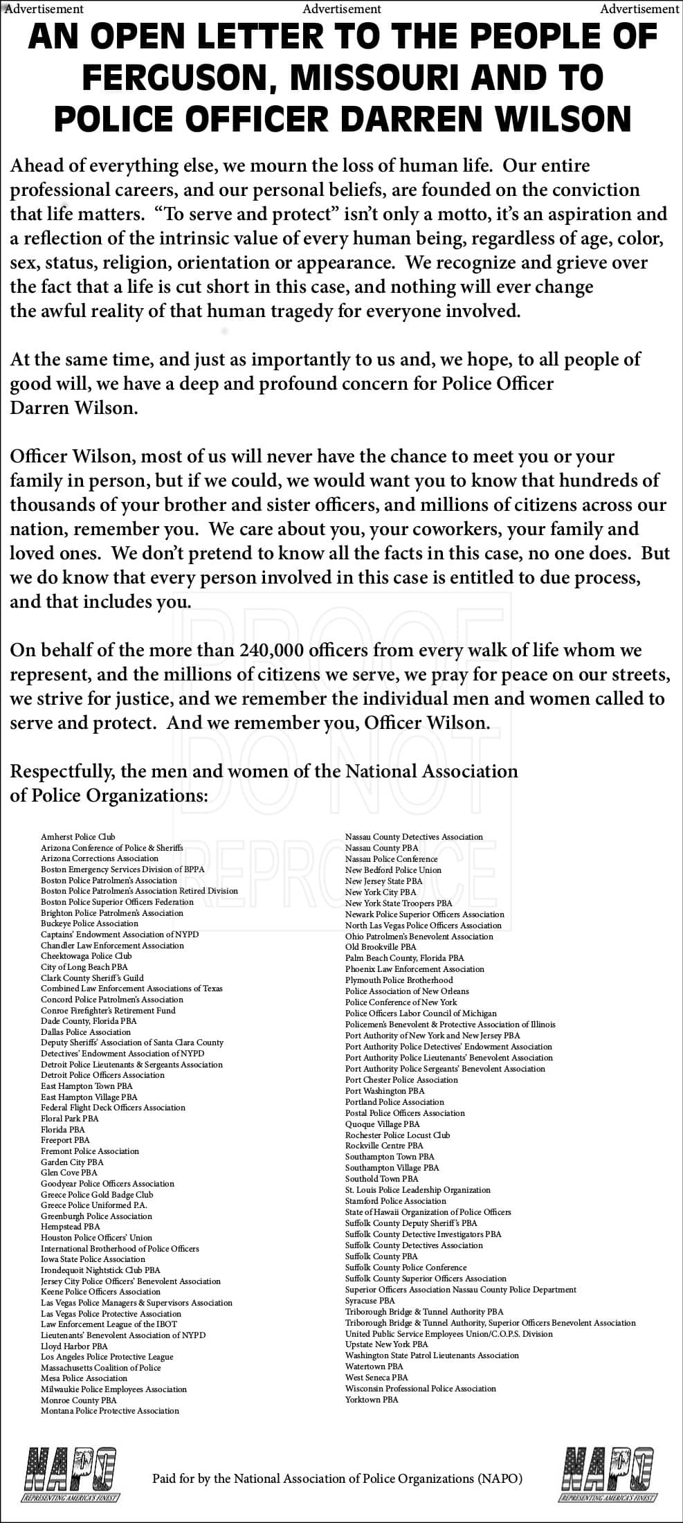 NAPO Letter of Support for Officer Darren Wilson